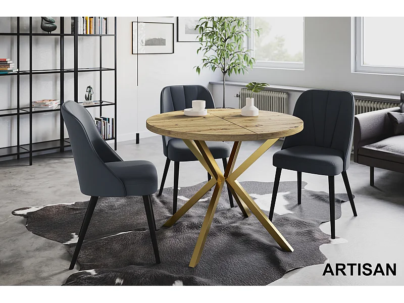 Table à manger ronde LITEN, table à rallonges Diamètre : 120 cm/200 cm, couleur de la table basse : brun mat, avec pieds métalliques couleur or