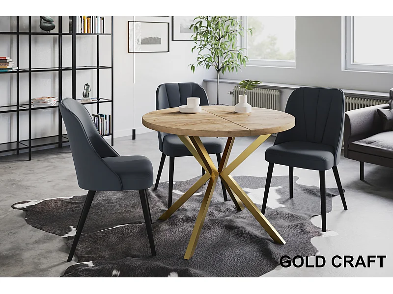 Table à manger ronde LITEN, table à rallonges Diamètre : 100 cm/180 cm, couleur de la table basse : marron, avec pieds métalliques couleur or