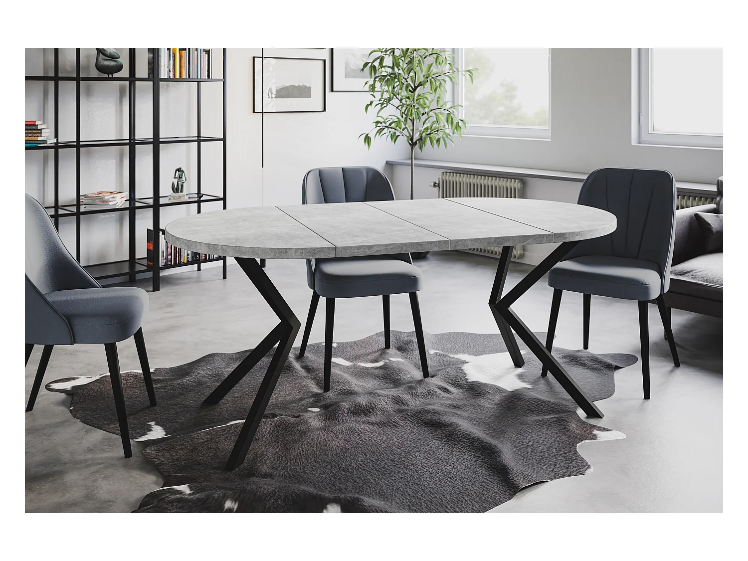Table à manger ronde LITEN, table à rallonges Diamètre : 90 cm/170 cm, couleur de la table basse : gris clair, avec pieds métalliques de couleur noire
