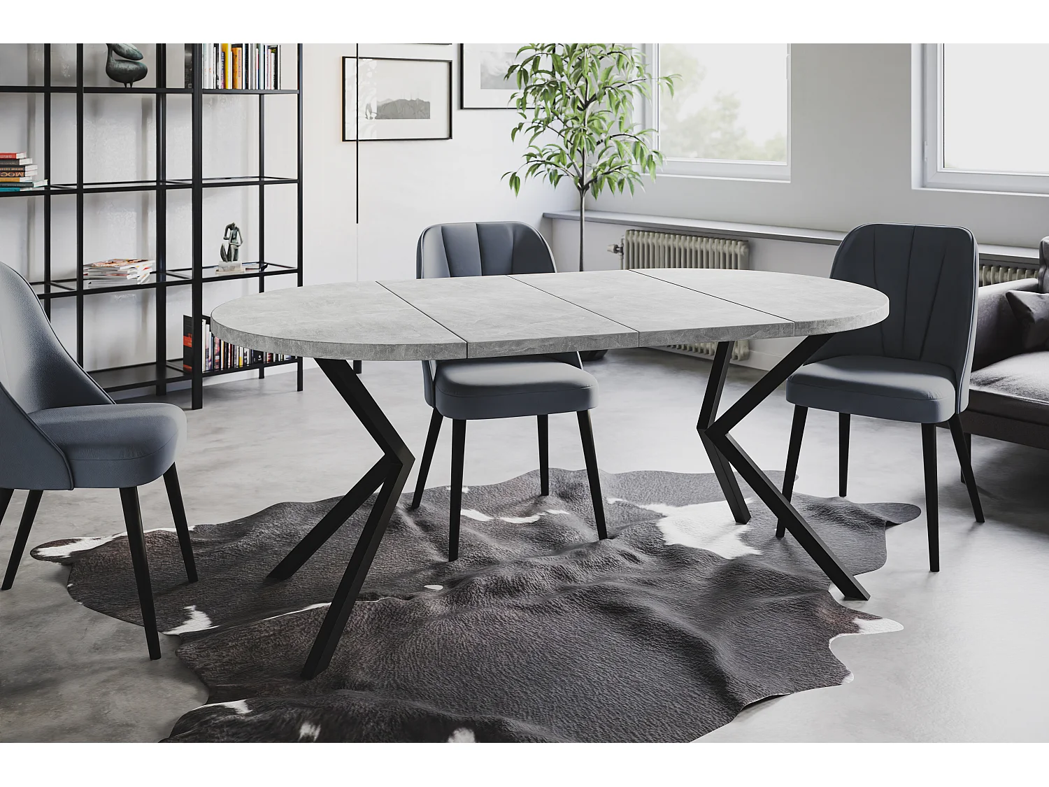 Table à manger ronde LITEN, table à rallonges Diamètre : 90 cm/170 cm, couleur de la table basse : gris clair, avec pieds métalliques de couleur noire