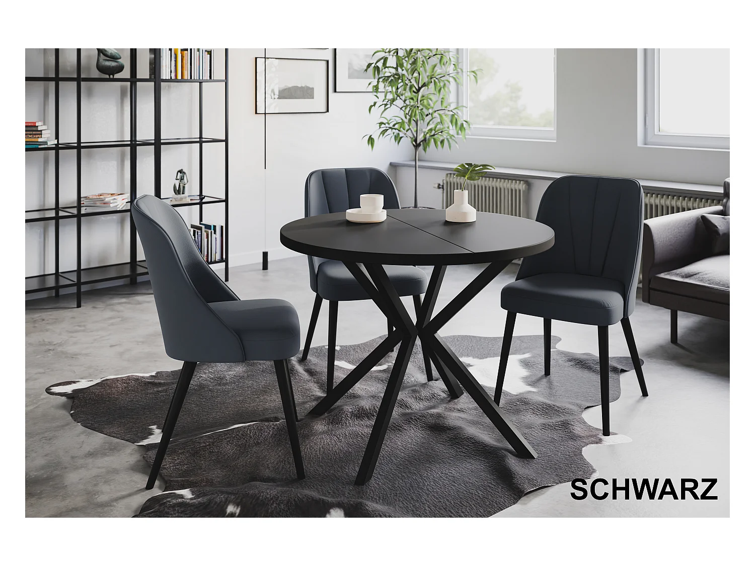 Table à manger ronde LITEN, table à rallonges Diamètre : 120 cm/200 cm, couleur de la table basse : noir, avec pieds métalliques de couleur noire