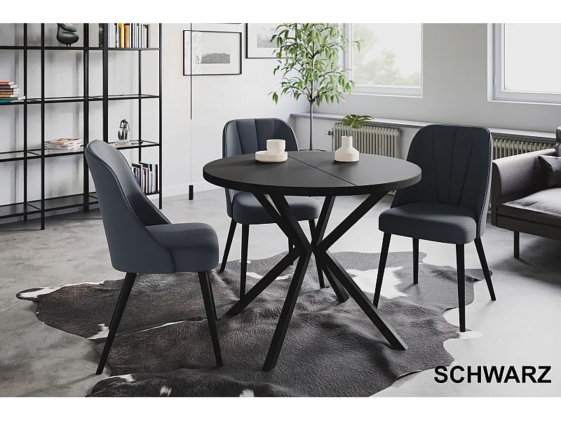 Table à manger ronde LITEN, table à rallonges Diamètre : 120 cm/200 cm, couleur de la table basse : noir, avec pieds métalliques de couleur noire