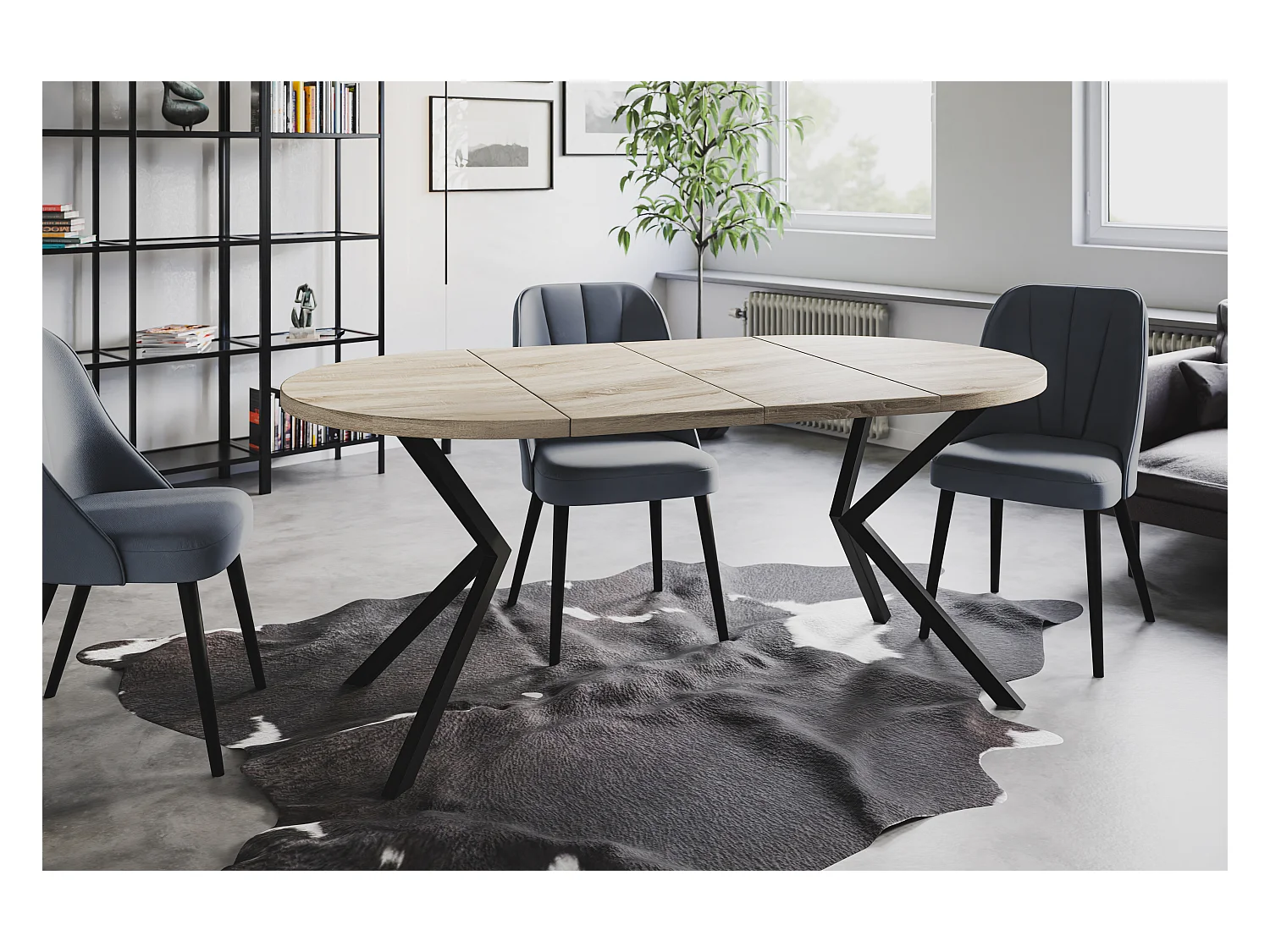 Table à manger ronde LITEN, table à rallonges Diamètre : 100 cm/180 cm, couleur de la table basse : beige, avec pieds métalliques couleur noir