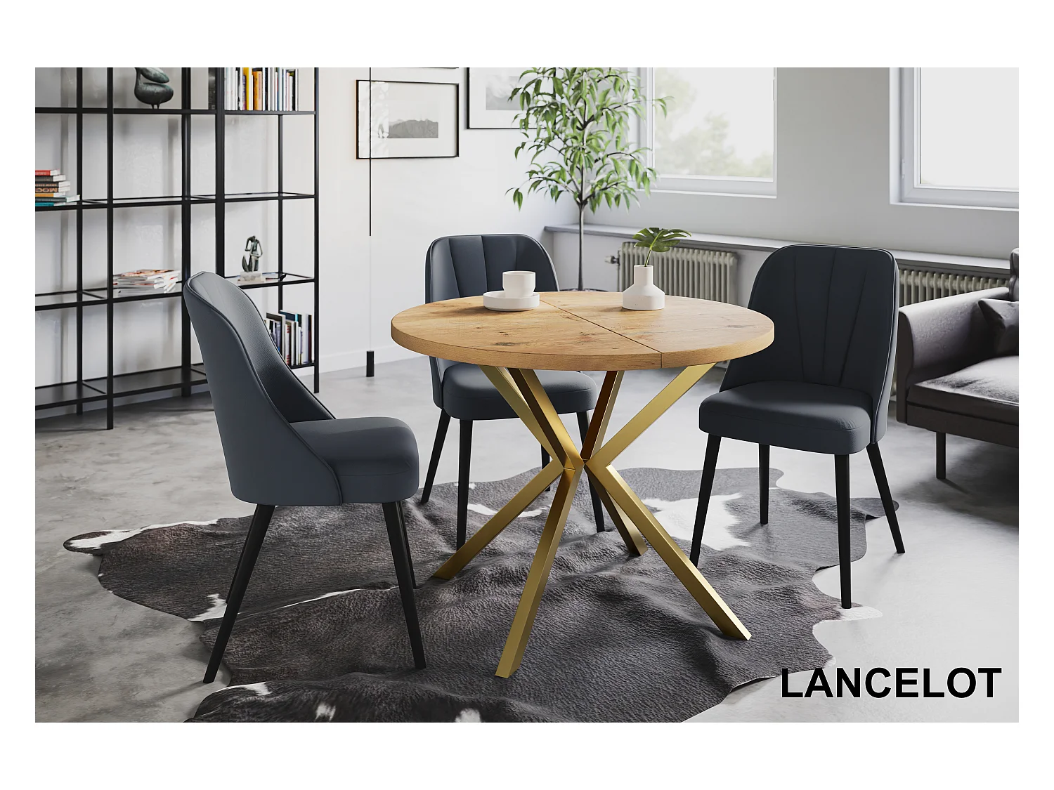 Table à manger ronde LITEN, table à rallonges Diamètre : 120 cm/200 cm, couleur de la table basse : marron clair, avec pieds métalliques couleur or