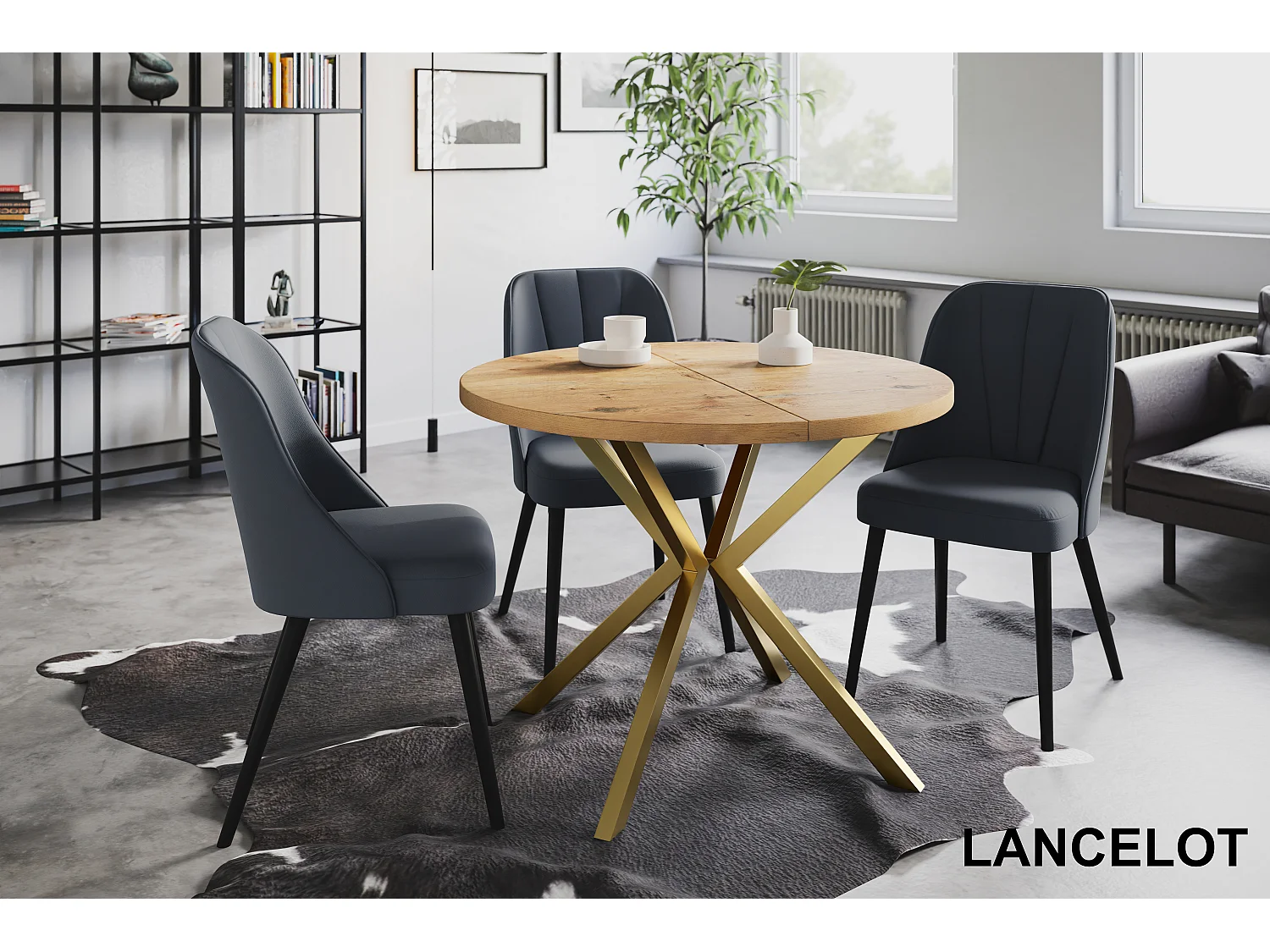 Table à manger ronde LITEN, table à rallonges Diamètre : 120 cm/200 cm, couleur de la table basse : marron clair, avec pieds métalliques couleur or