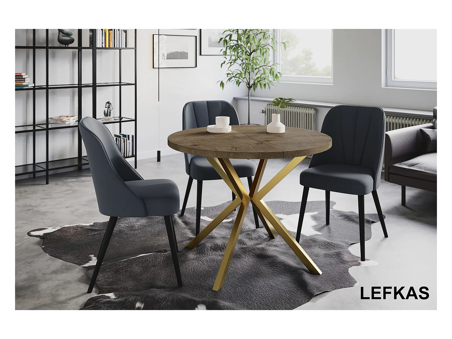 Table à manger ronde LITEN, table à rallonges Diamètre : 90 cm/170 cm, table de salon Couleur : gris, avec pieds métalliques couleur or