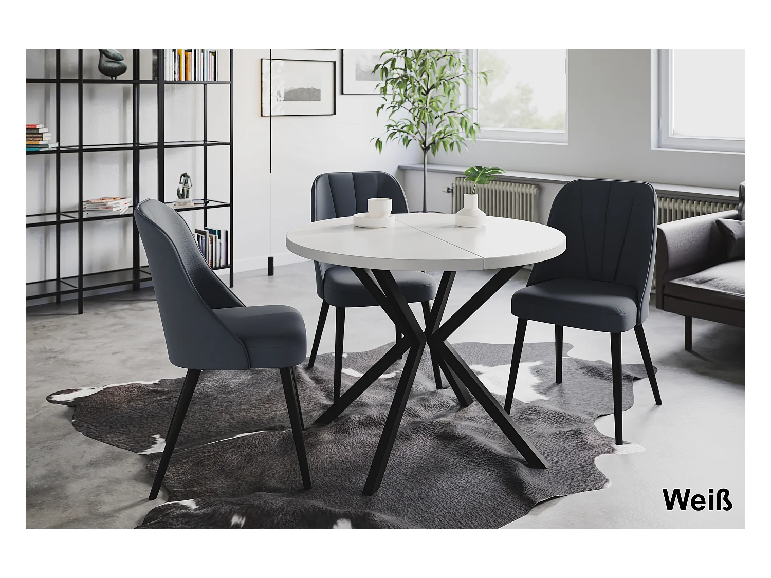 Table à manger ronde LITEN, table à rallonges Diamètre : 100 cm/180 cm, couleur de la table basse : blanc, avec pieds métalliques de couleur noire