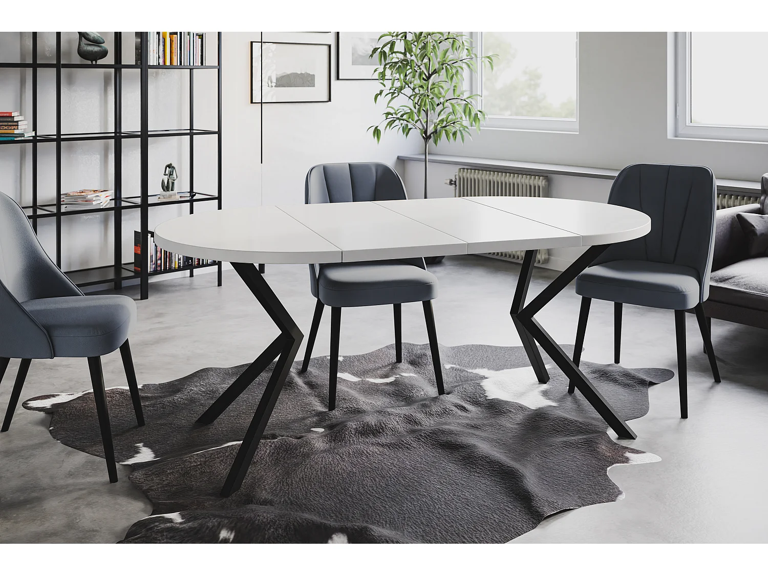 Table à manger ronde LITEN, table à rallonges Diamètre : 100 cm/180 cm, couleur de la table basse : blanc, avec pieds métalliques de couleur noire