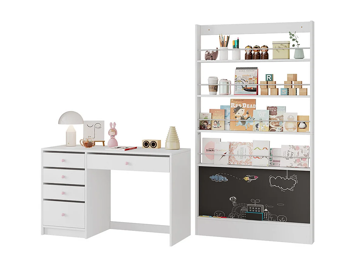 Combinaison bureau étagère livres images ensemble meubles enfants 2 pièces blanc