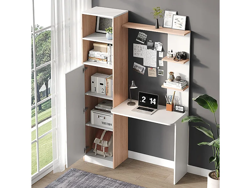 Bureau rangement blanc contraste bois massif armoire portes étagère ouverte