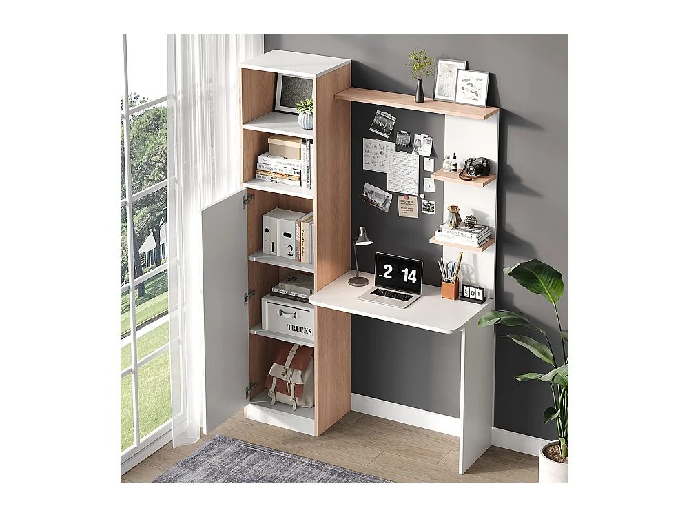 Bureau rangement blanc contraste bois massif armoire portes étagère ouverte