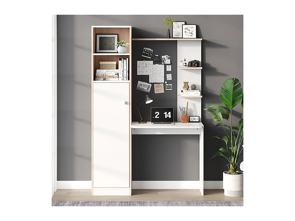 Bureau rangement blanc contraste bois massif armoire portes étagère ouverte