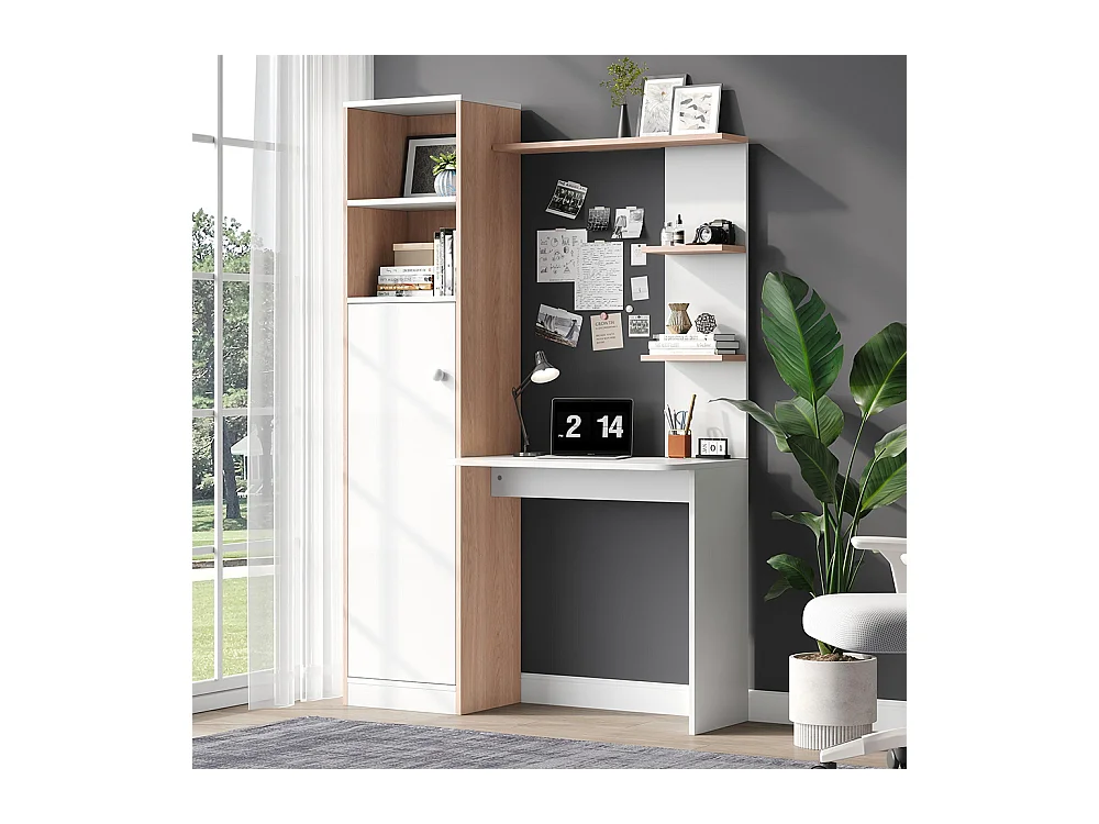 Bureau rangement blanc contraste bois massif armoire portes étagère ouverte