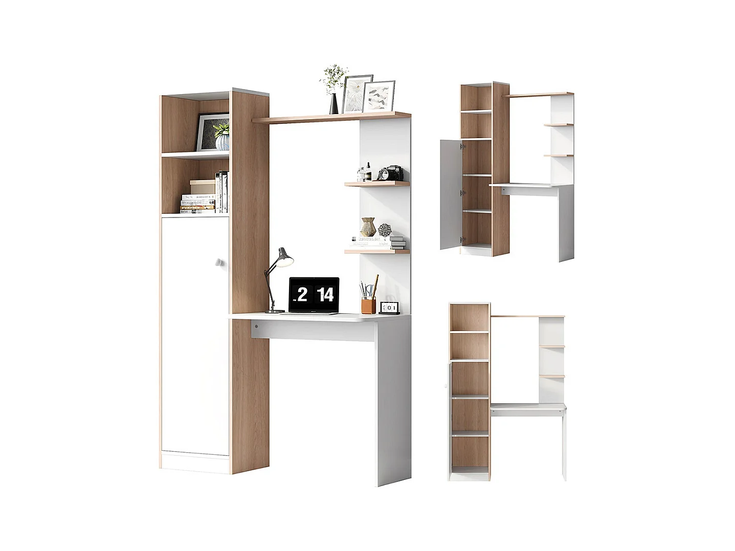 Bureau rangement blanc contraste bois massif armoire portes étagère ouverte