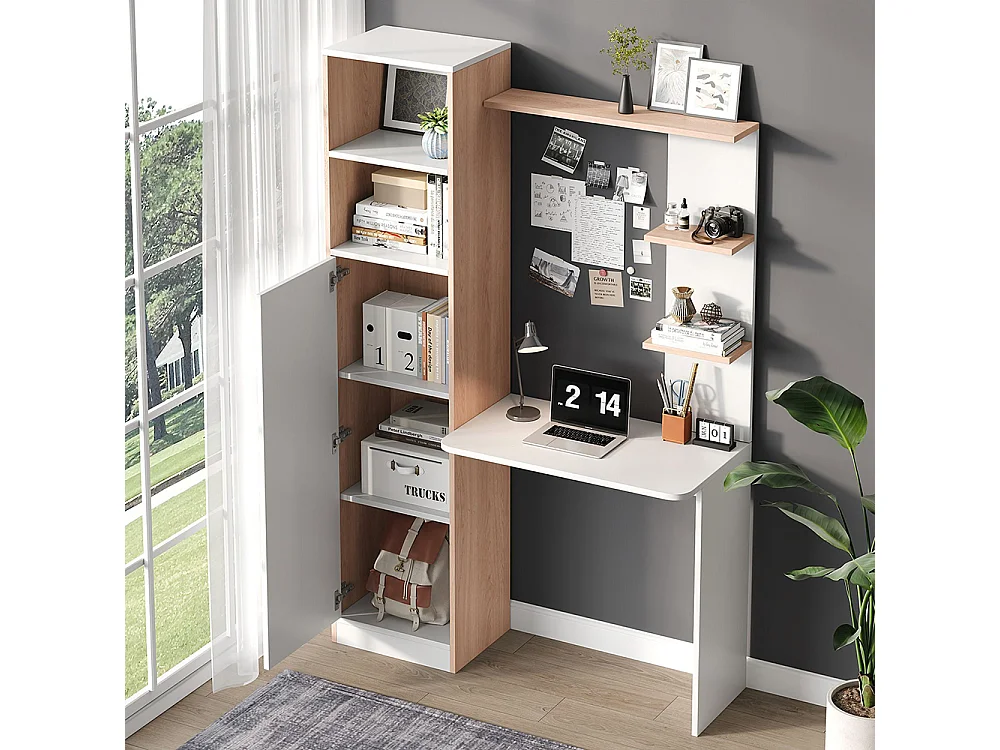 Bureau rangement blanc contraste bois massif armoire portes étagère ouverte