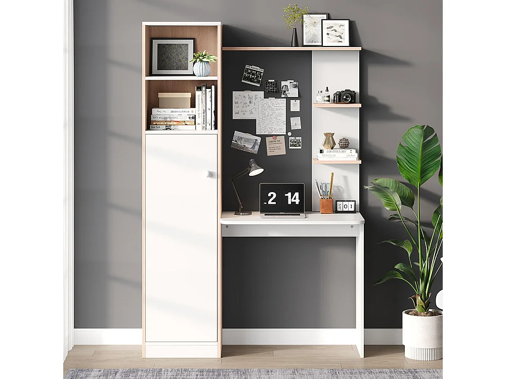 Bureau rangement blanc contraste bois massif armoire portes étagère ouverte