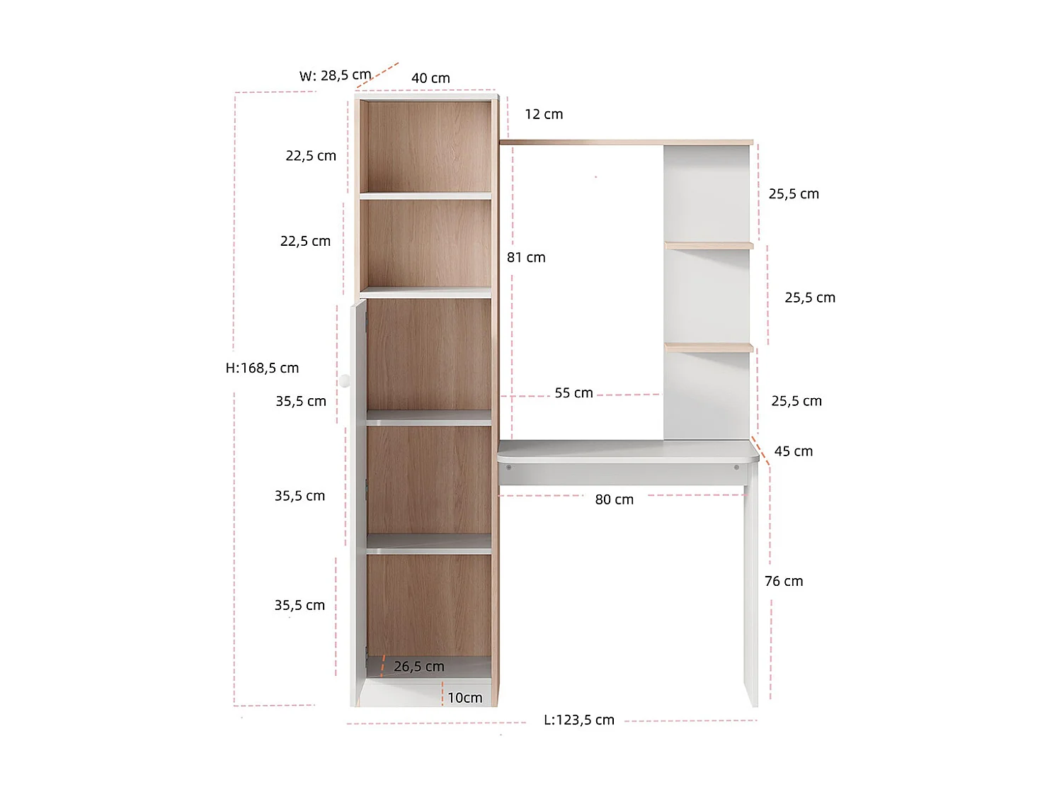 Bureau rangement blanc contraste bois massif armoire portes étagère ouverte