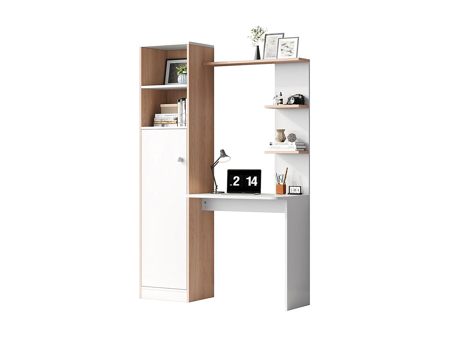 Bureau rangement blanc contraste bois massif armoire portes étagère ouverte