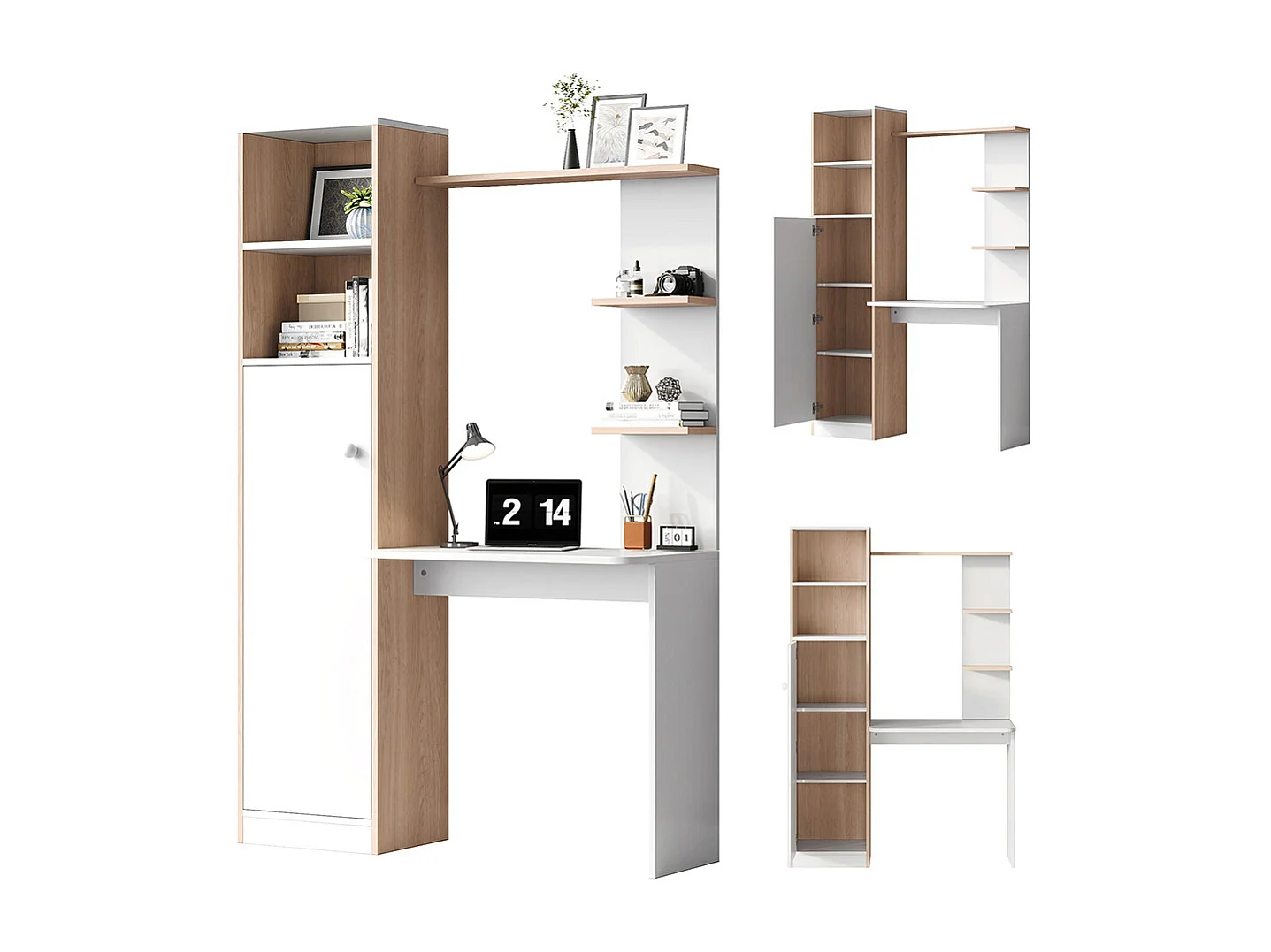 Bureau rangement blanc contraste bois massif armoire portes étagère ouverte