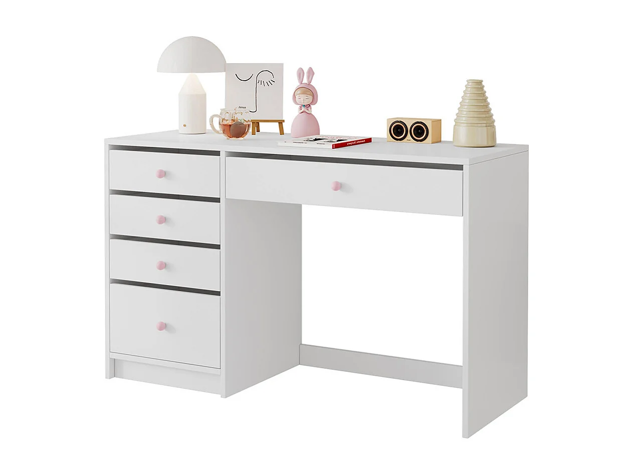 Bureau enfants ordinateur coiffeuse 5 tiroirs poignées céramique rose tous âges blanc