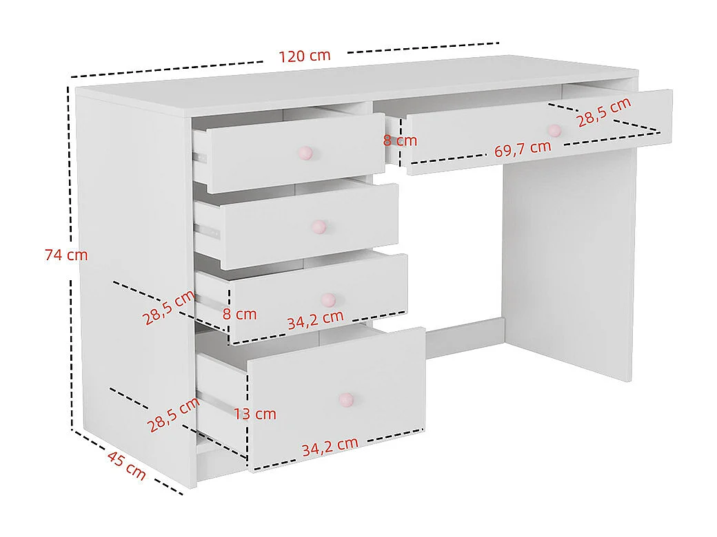 Bureau enfants ordinateur coiffeuse 5 tiroirs poignées céramique rose tous âges blanc