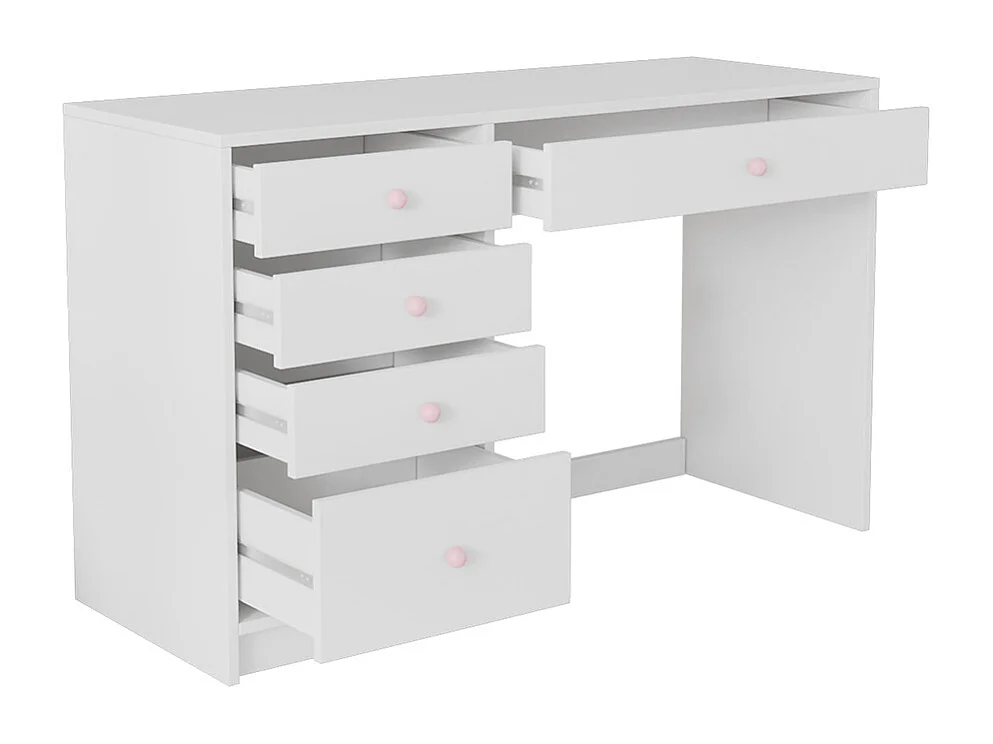 Bureau enfants ordinateur coiffeuse 5 tiroirs poignées céramique rose tous âges blanc