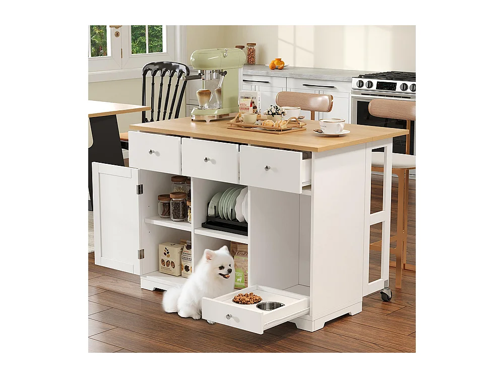 Îlot cuisine mobile îlot tiroir armoire gamelle animaux 120x70x90 cm blanc