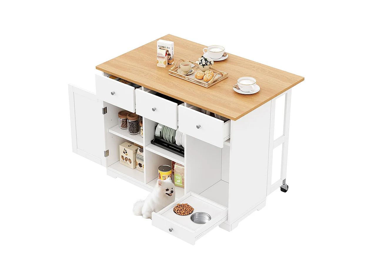 Îlot cuisine mobile îlot tiroir armoire gamelle animaux 120x70x90 cm blanc