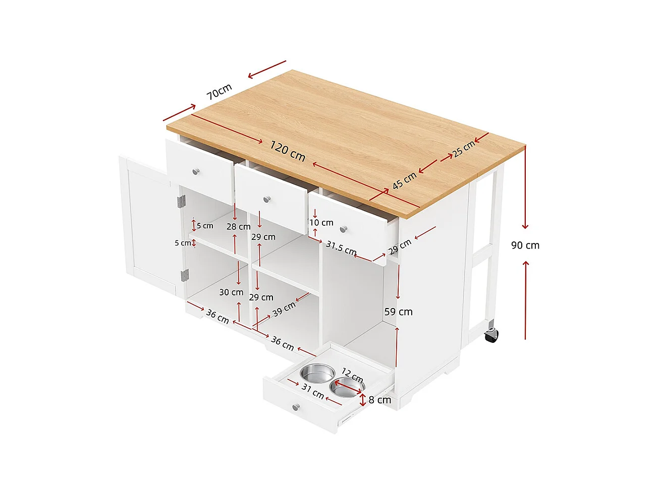 Îlot cuisine mobile îlot tiroir armoire gamelle animaux 120x70x90 cm blanc