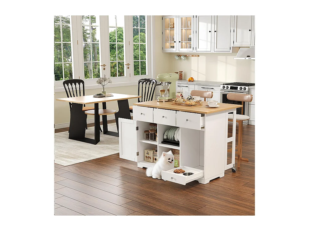 Îlot cuisine mobile îlot tiroir armoire gamelle animaux 120x70x90 cm blanc