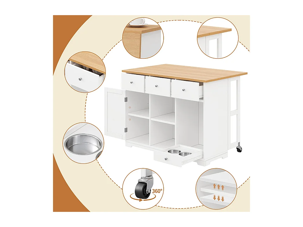 Îlot cuisine mobile îlot tiroir armoire gamelle animaux 120x70x90 cm blanc