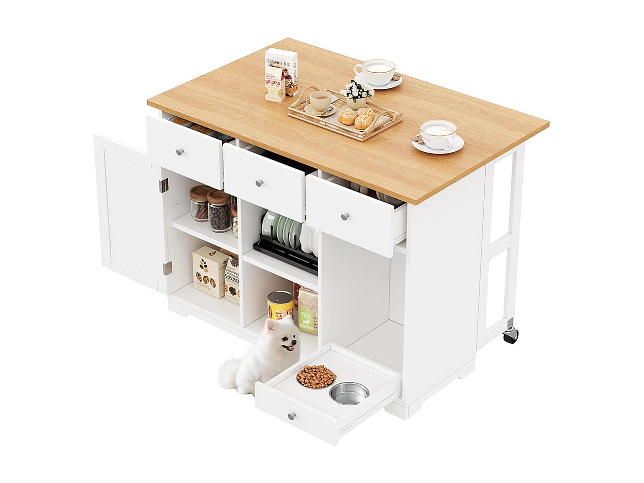 Îlot cuisine mobile îlot tiroir armoire gamelle animaux 120x70x90 cm blanc