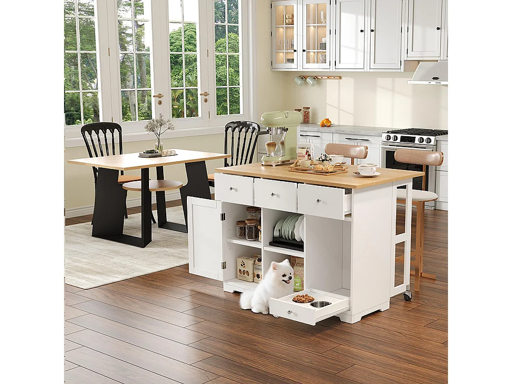 Îlot cuisine mobile îlot tiroir armoire gamelle animaux 120x70x90 cm blanc