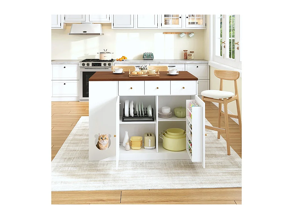 Îlot cuisine chariot buffet tiroirs plan travail coulissant étagère épices espace repas animaux blanc noyer 120x(40+30)x90 cm