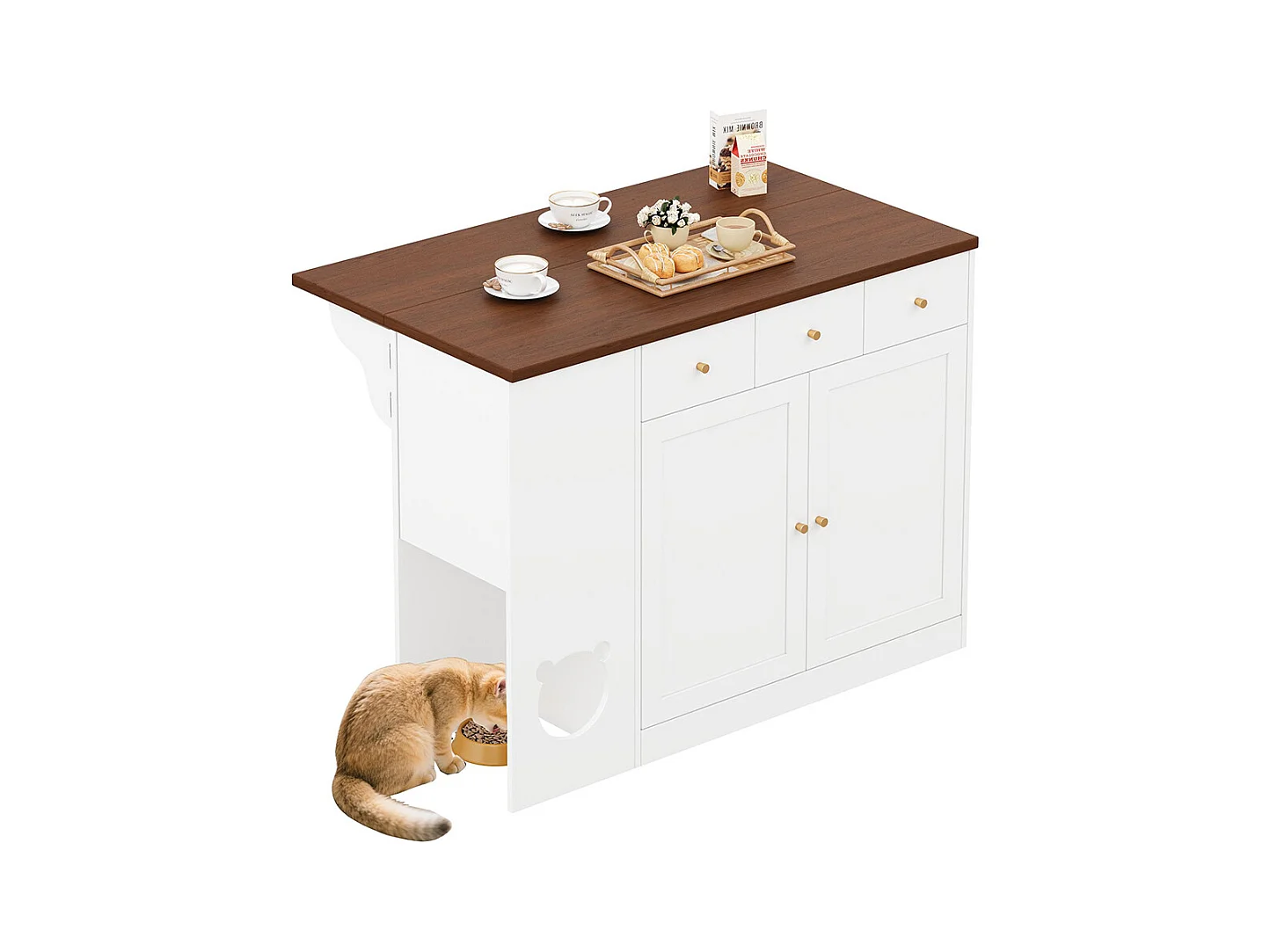 Îlot cuisine chariot buffet tiroirs plan travail coulissant étagère épices espace repas animaux blanc noyer 120x(40+30)x90 cm