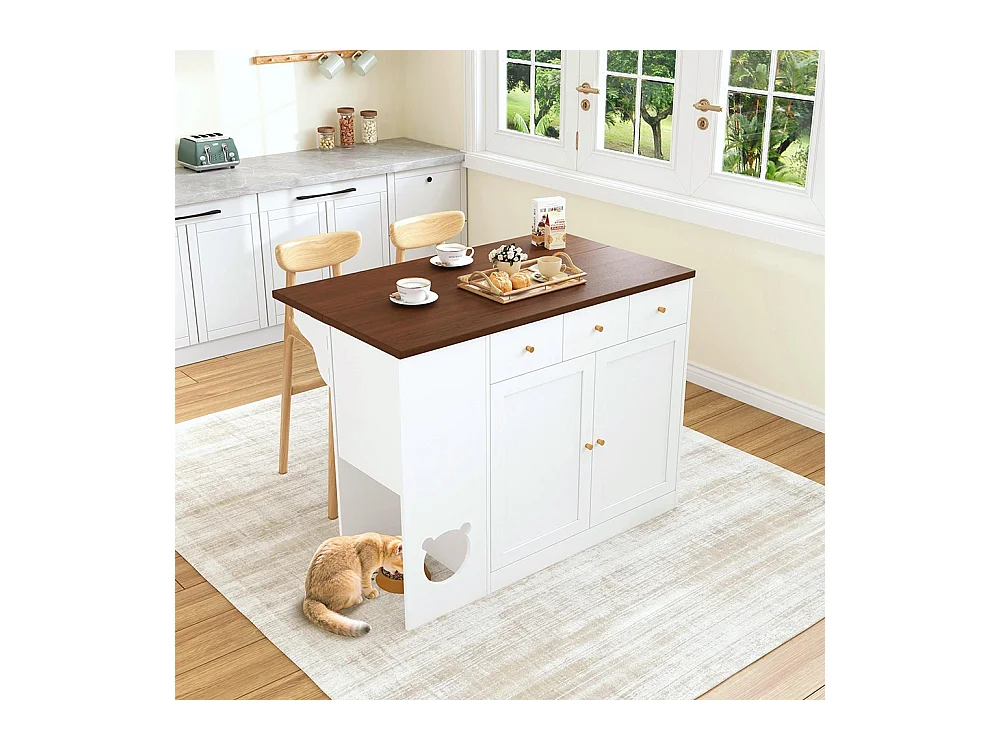 Îlot cuisine chariot buffet tiroirs plan travail coulissant étagère épices espace repas animaux blanc noyer 120x(40+30)x90 cm