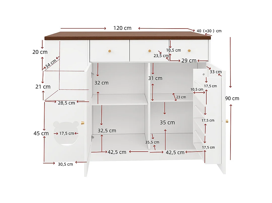 Îlot cuisine chariot buffet tiroirs plan travail coulissant étagère épices espace repas animaux blanc noyer 120x(40+30)x90 cm