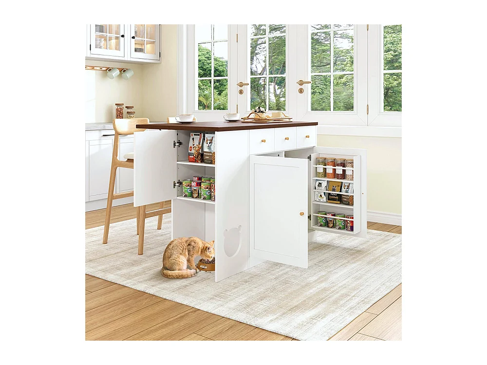 Îlot cuisine chariot buffet tiroirs plan travail coulissant étagère épices espace repas animaux blanc noyer 120x(40+30)x90 cm