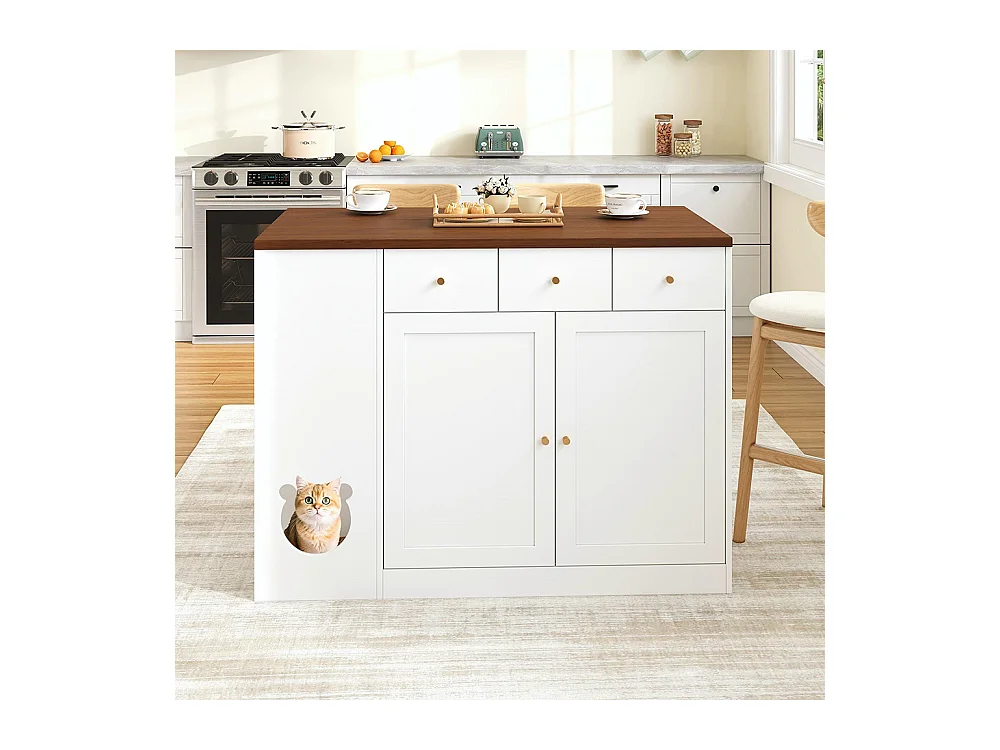 Îlot cuisine chariot buffet tiroirs plan travail coulissant étagère épices espace repas animaux blanc noyer 120x(40+30)x90 cm