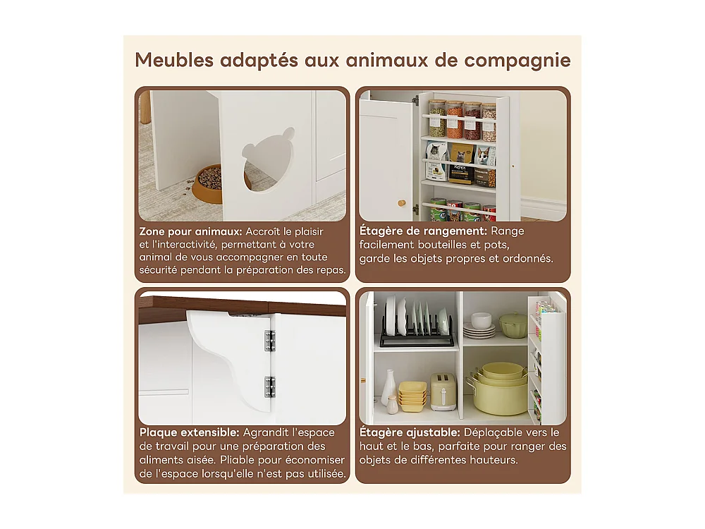 Îlot cuisine chariot buffet tiroirs plan travail coulissant étagère épices espace repas animaux blanc noyer 120x(40+30)x90 cm