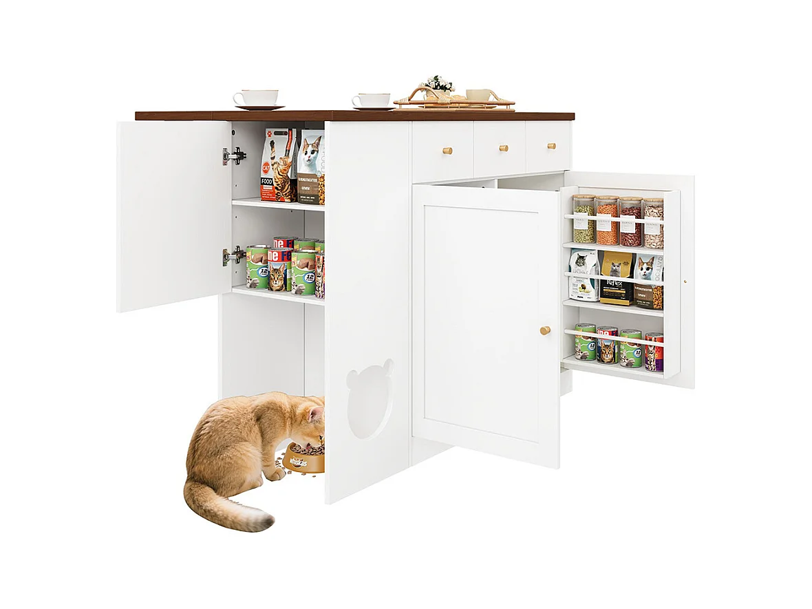 Îlot cuisine chariot buffet tiroirs plan travail coulissant étagère épices espace repas animaux blanc noyer 120x(40+30)x90 cm