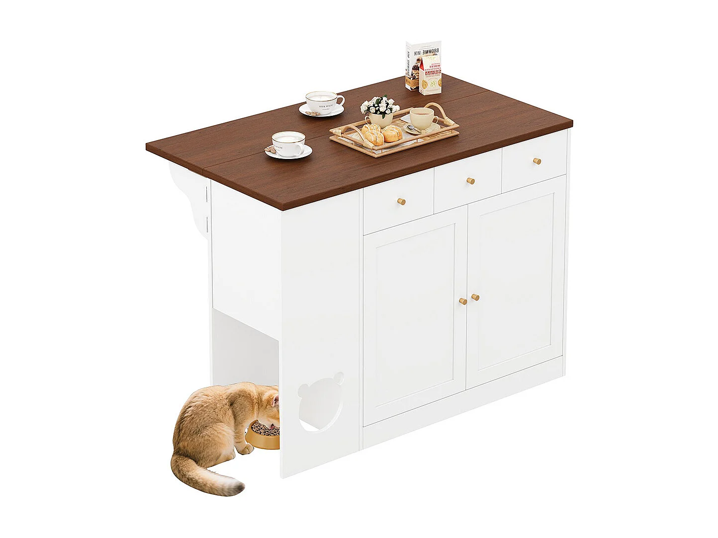 Îlot cuisine chariot buffet tiroirs plan travail coulissant étagère épices espace repas animaux blanc noyer 120x(40+30)x90 cm
