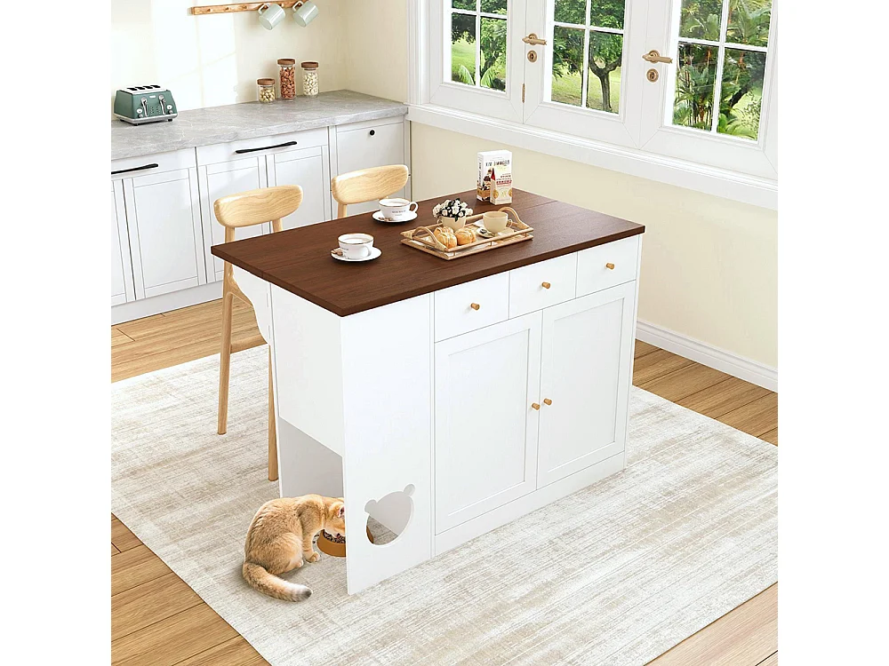 Îlot cuisine chariot buffet tiroirs plan travail coulissant étagère épices espace repas animaux blanc noyer 120x(40+30)x90 cm