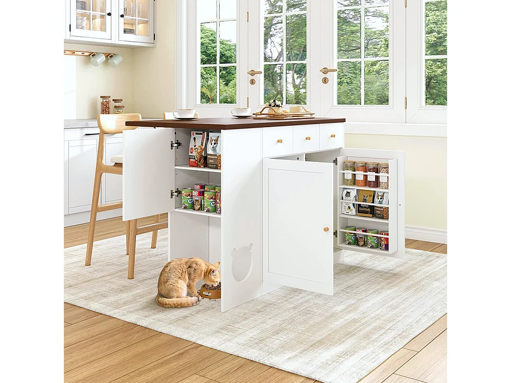 Îlot cuisine chariot buffet tiroirs plan travail coulissant étagère épices espace repas animaux blanc noyer 120x(40+30)x90 cm