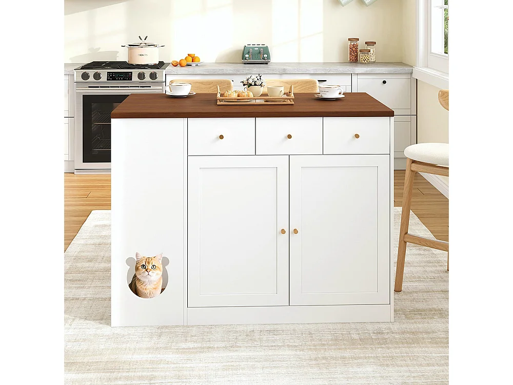 Îlot cuisine chariot buffet tiroirs plan travail coulissant étagère épices espace repas animaux blanc noyer 120x(40+30)x90 cm