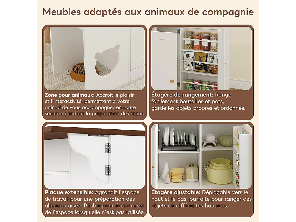 Îlot cuisine chariot buffet tiroirs plan travail coulissant étagère épices espace repas animaux blanc noyer 120x(40+30)x90 cm