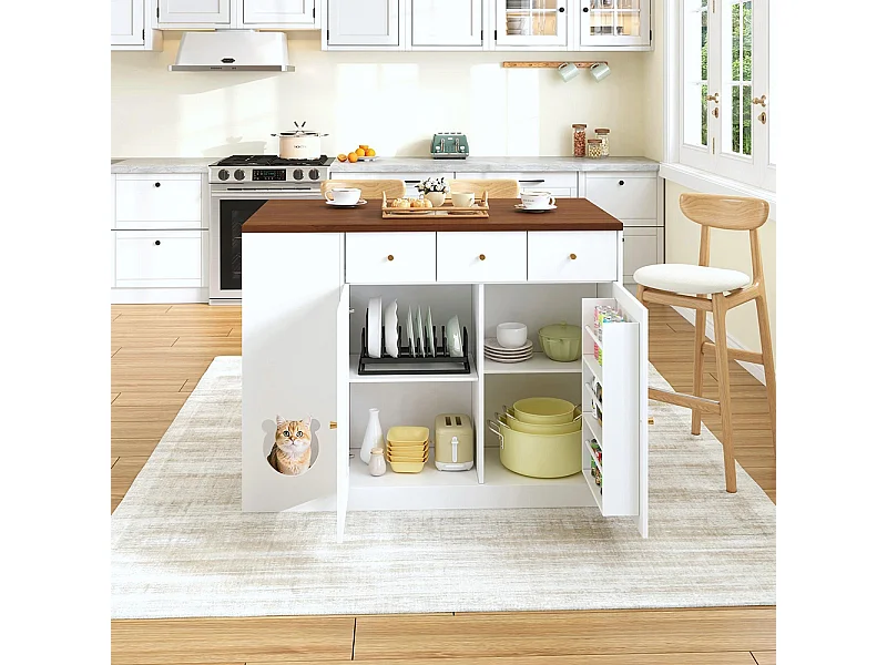 Îlot cuisine chariot buffet tiroirs plan travail coulissant étagère épices espace repas animaux blanc noyer 120x(40+30)x90 cm