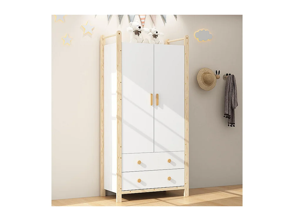 Armoire 2 portes tringle vêtements 2 tiroirs chambre salon vestiaire aggloméré blanc pin