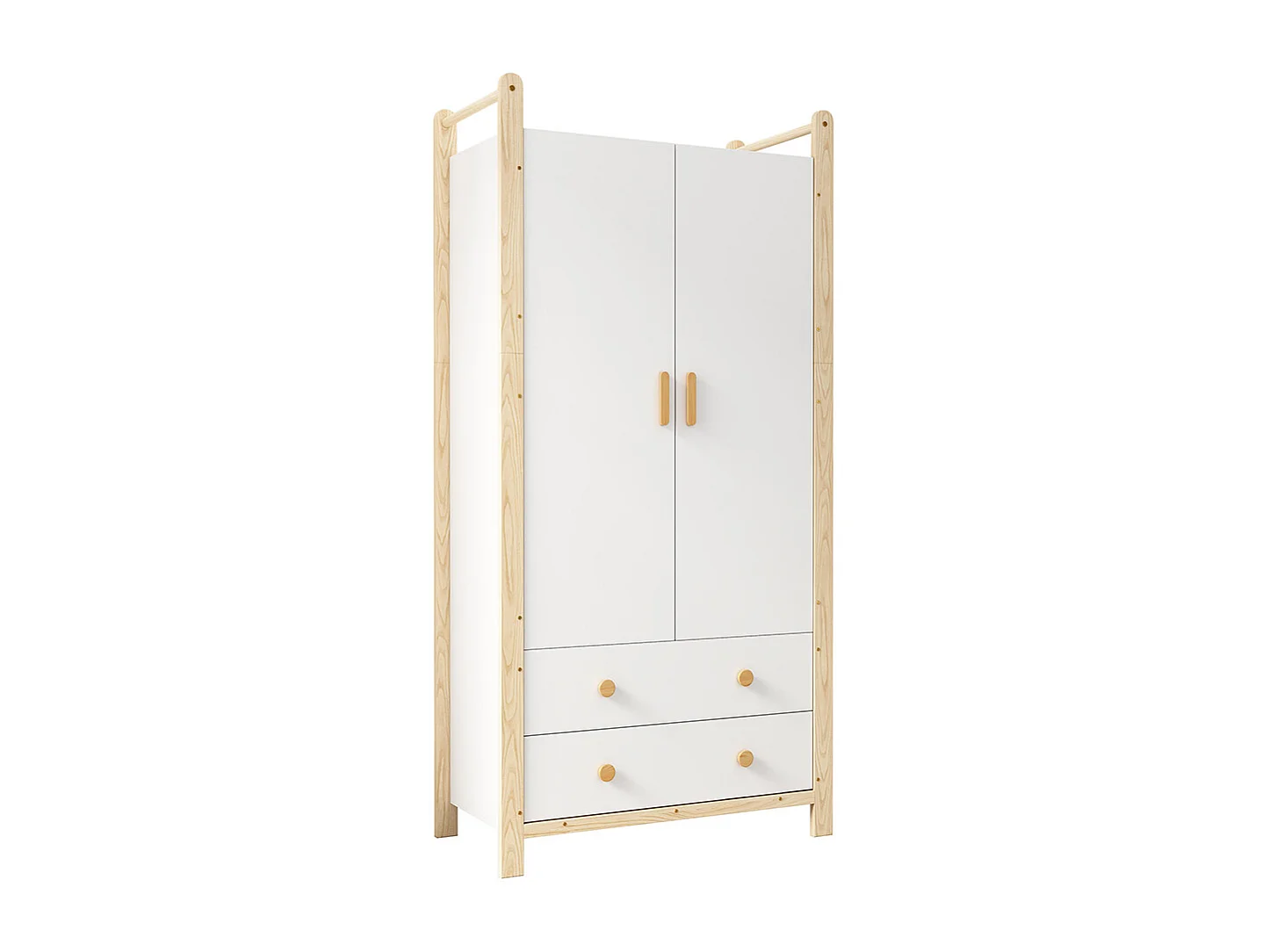 Armoire 2 portes tringle vêtements 2 tiroirs chambre salon vestiaire aggloméré blanc pin