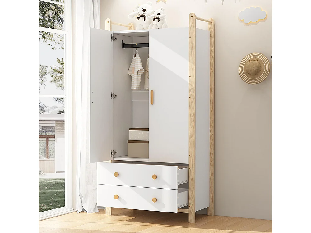 Armoire 2 portes tringle vêtements 2 tiroirs chambre salon vestiaire aggloméré blanc pin